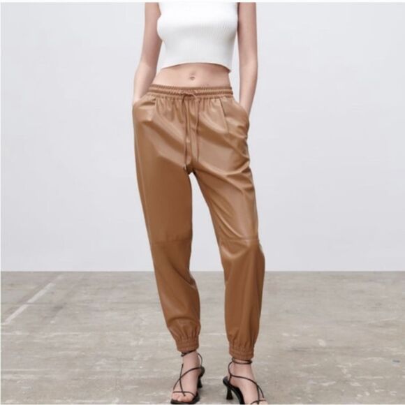 NWT Zara Drawstring Faux Leather Joggers  In Tan Size Xs - Picture 1 of 12